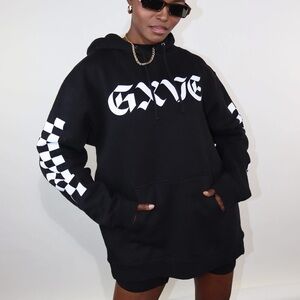 GXVE Black Hoodie Sweatshirt with White Sleeve Check and Logo